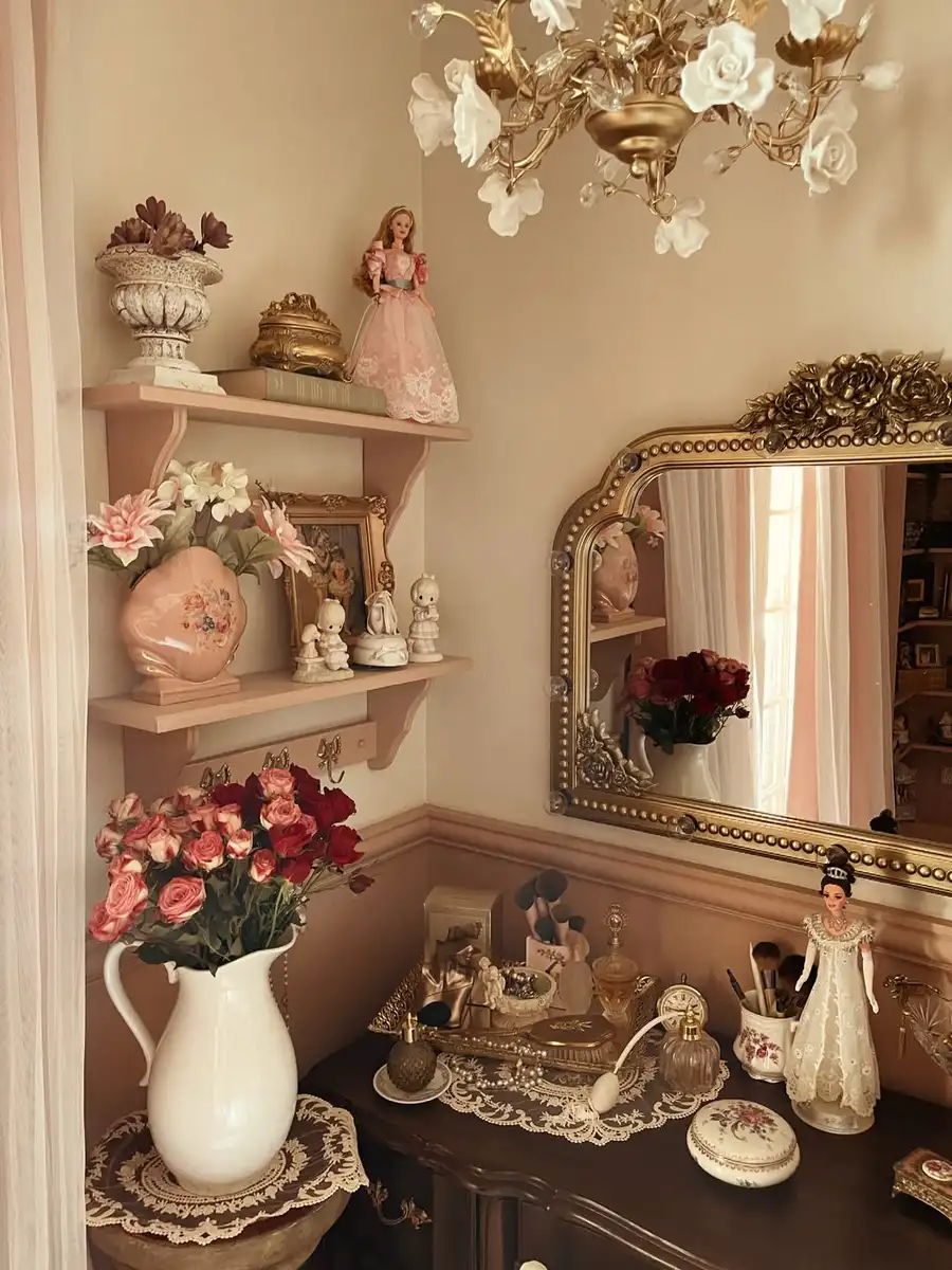 Romantic vintage vanity filled with perfume bottles, figurines, lace, flowers, framed art, and ornate mirror