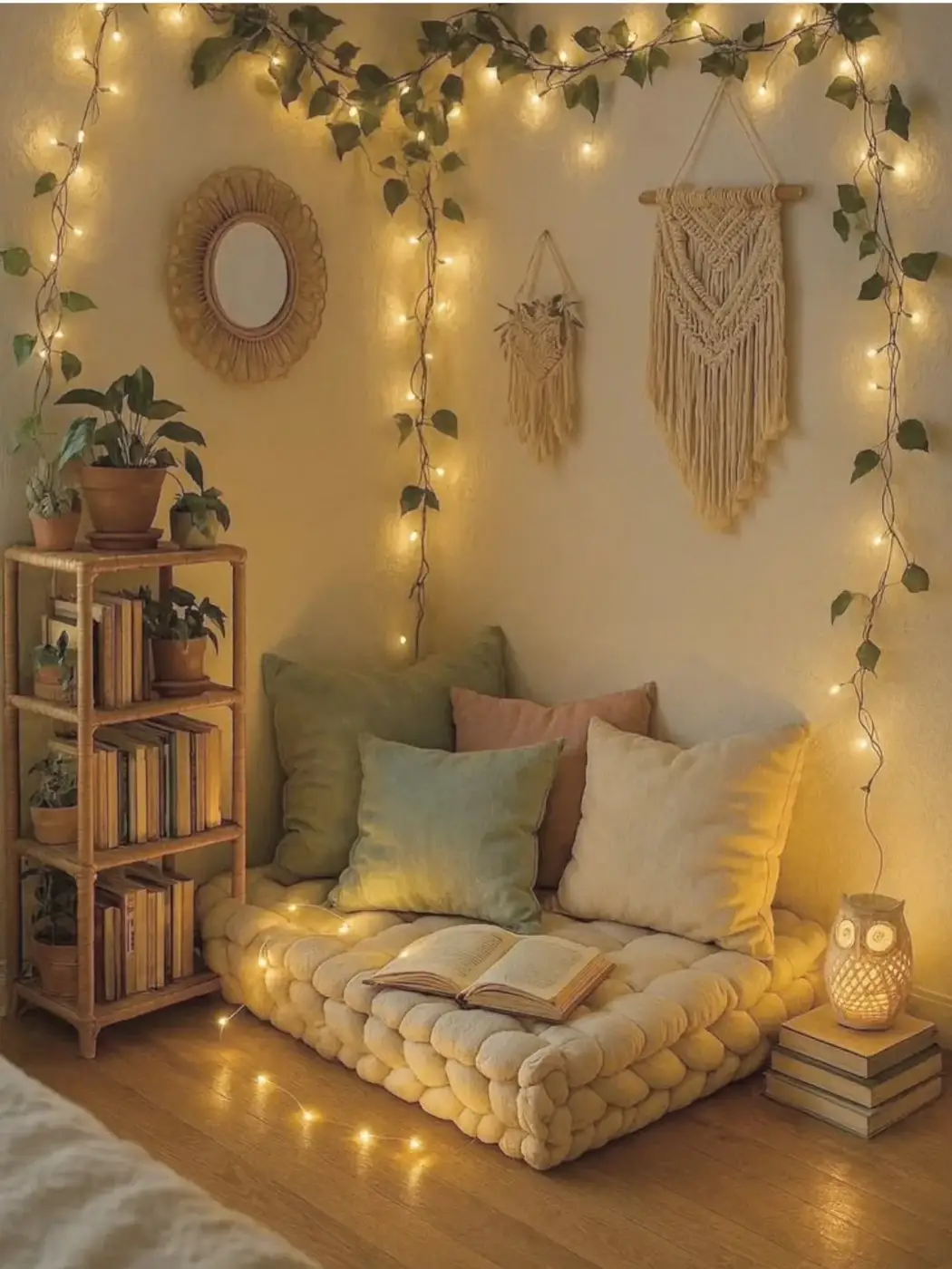 Cozy floor reading nook with oversized cushions, macrame wall hangings, vines, fairy lights, and narrow bookshelf
