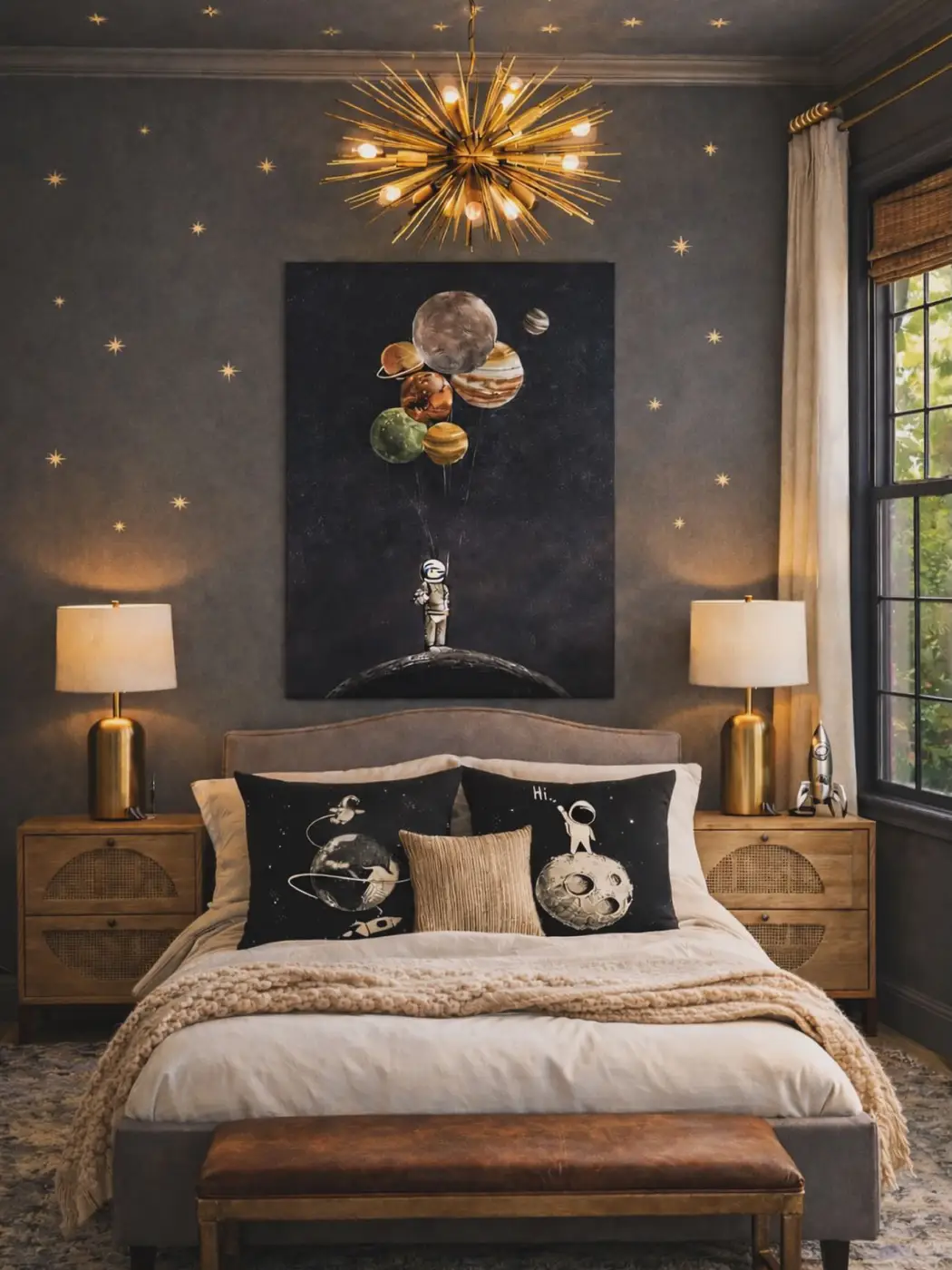 Adult celestial bedroom with charcoal star wall, space artwork, cream bedding, warm wood, and brass accents