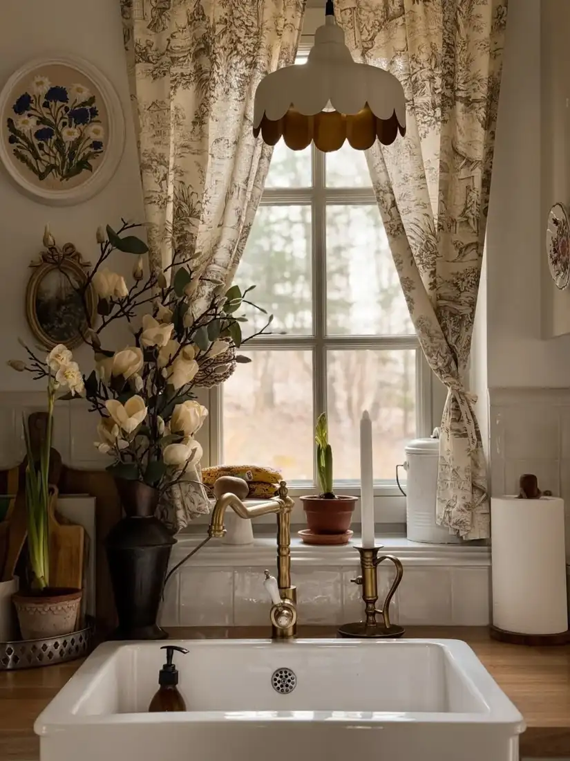 Kitchen window sill with small terracotta pot, brass candleholder, and tall white canister