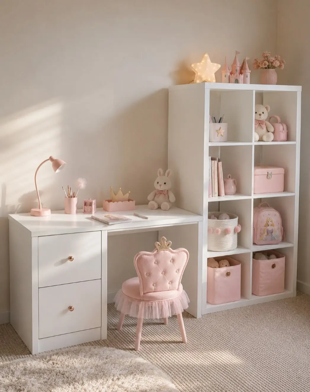 White girls study area with tall cubby storage, desk, pink crown chair, baskets, books, and toys