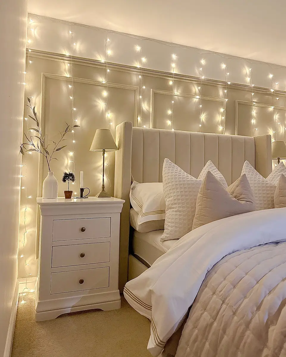 Cream bedroom with warm string lights draped over paneled walls, tall upholstered headboard, white bedding, and bedside lamp.
