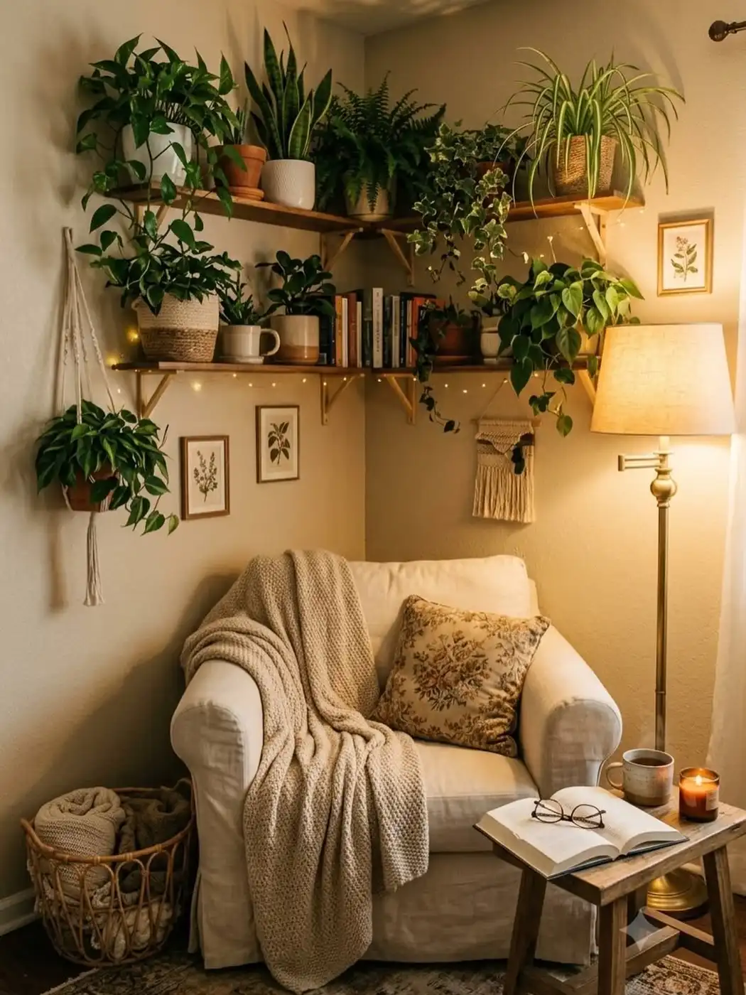 Plant-filled reading corner with cream armchair, wooden shelves, trailing greenery, floor lamp, and blanket basket