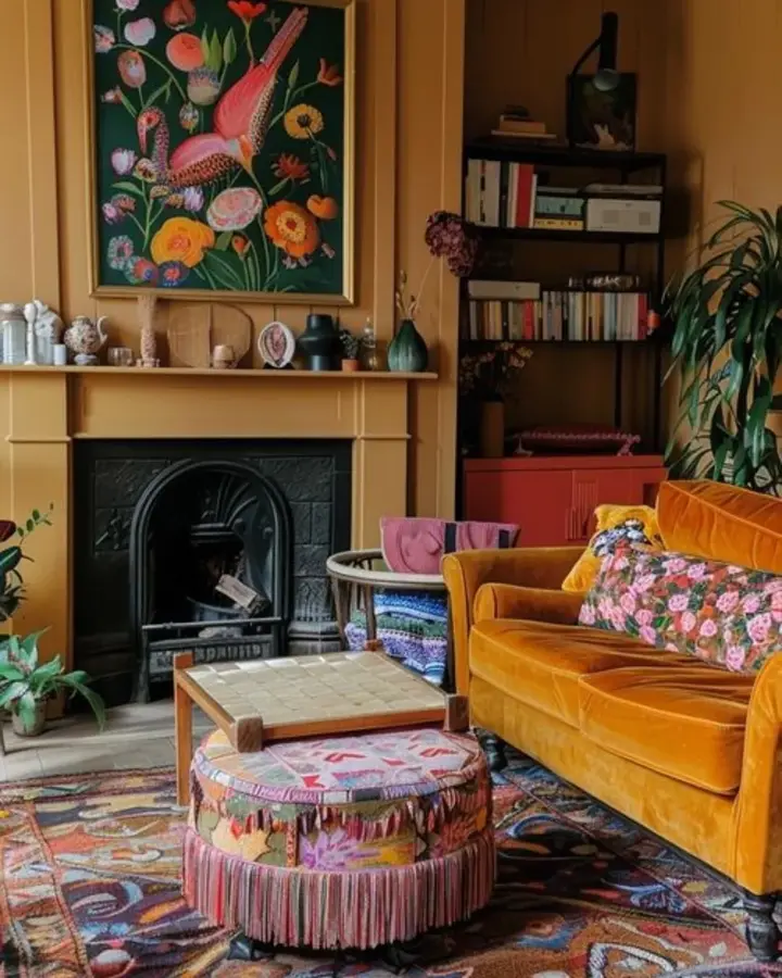 Mustard living room with yellow walls, velvet sofa, floral artwork, patterned rug, pink ottoman, and colorful cushions