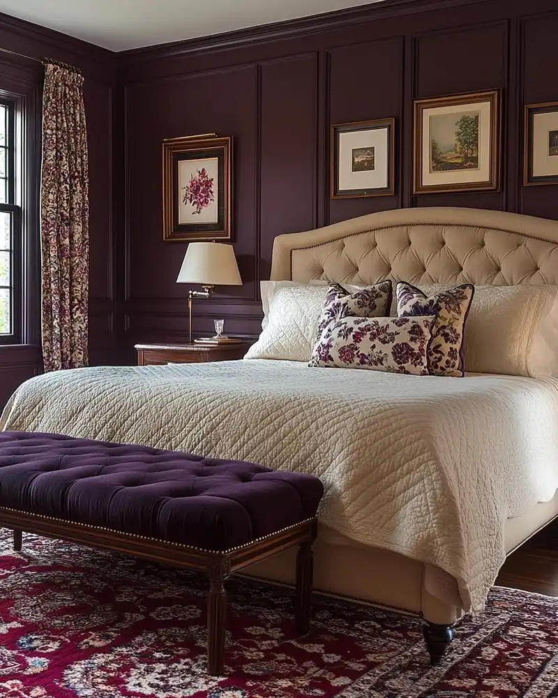 Plum paneled bedroom with cream bedding, purple bench, floral curtains and patterned rug