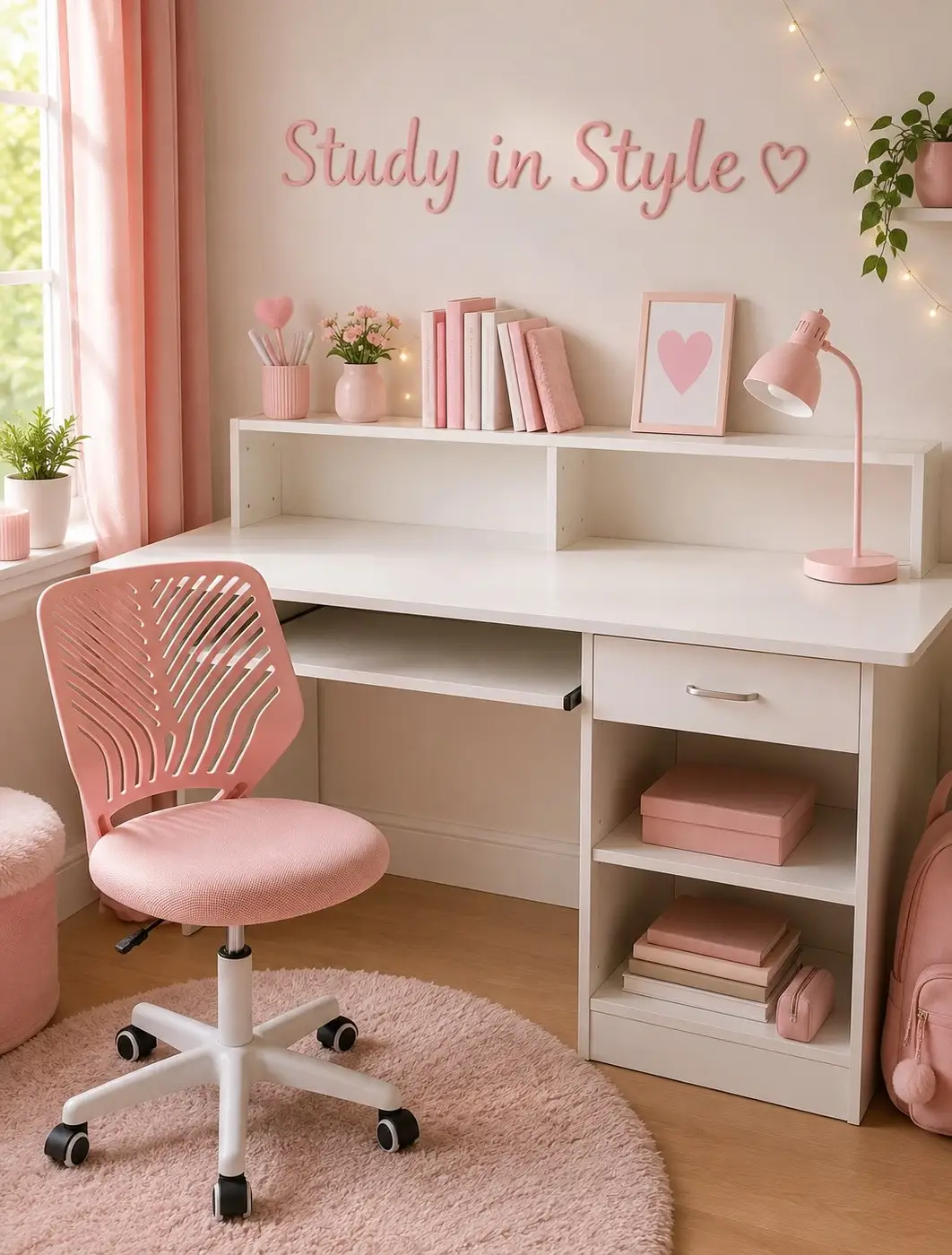 Pink homework desk with raised bookshelf, side cubbies, drawer storage, and neatly arranged books