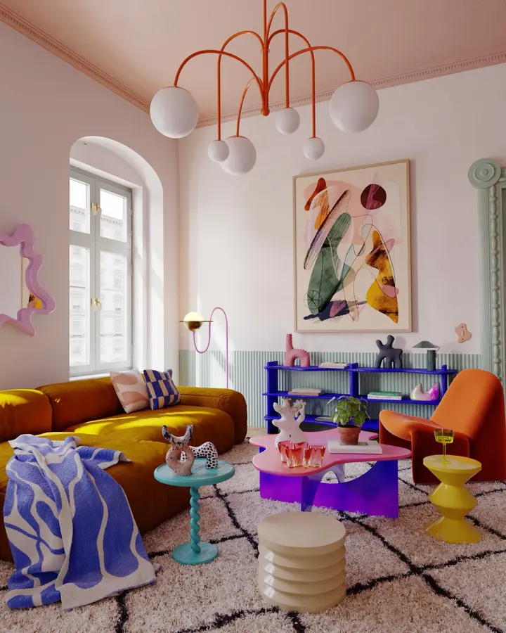 Eclectic colorful living room with mustard sofa, orange chair, purple shelving, pink table, turquoise accents, and bright art