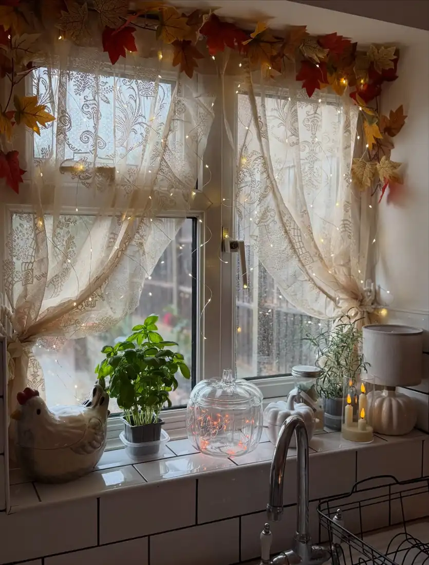 Fall kitchen window with warm string lights, lace curtains, autumn leaves, pumpkins, and herbs
