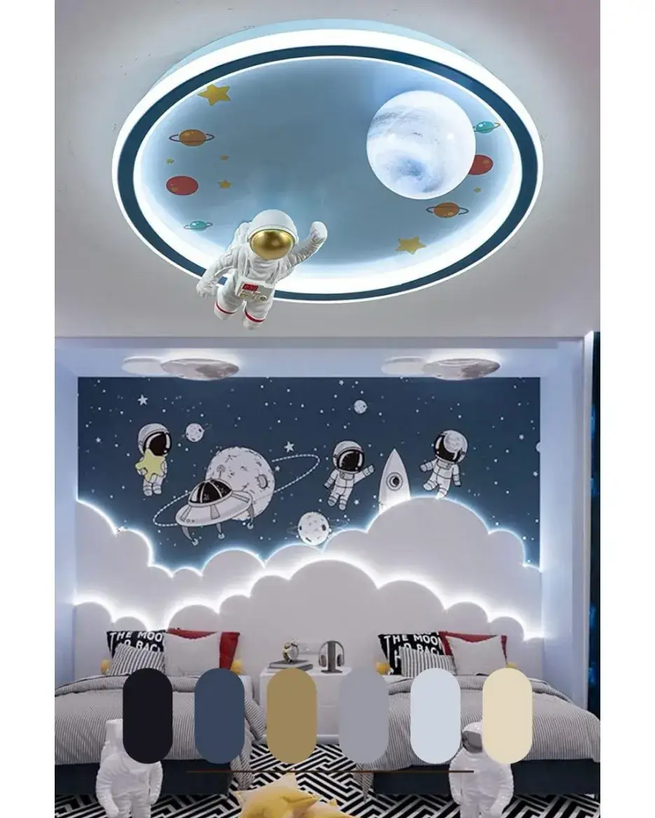 Shared space-themed bedroom with ceiling solar system display, hanging astronaut, planets, and glowing wall decor