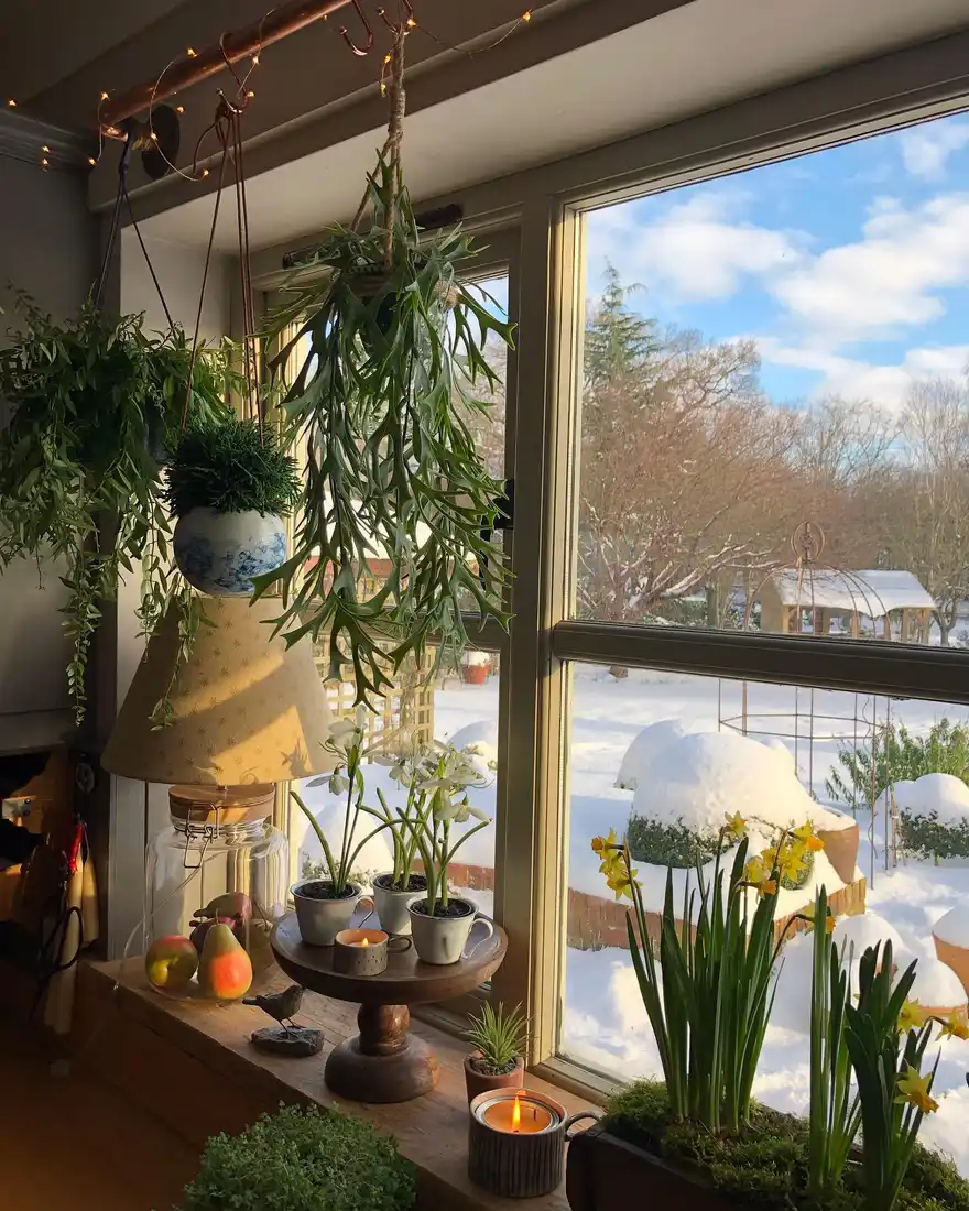 Winter kitchen window with hanging greenery, yellow daffodils, pears, and candlelight
