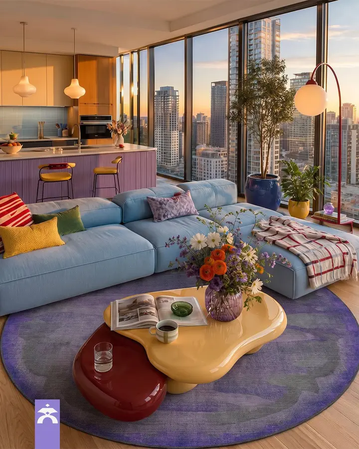 Bright living room with pale blue sectional, large purple rug, yellow coffee table, colorful cushions, and playful artwork