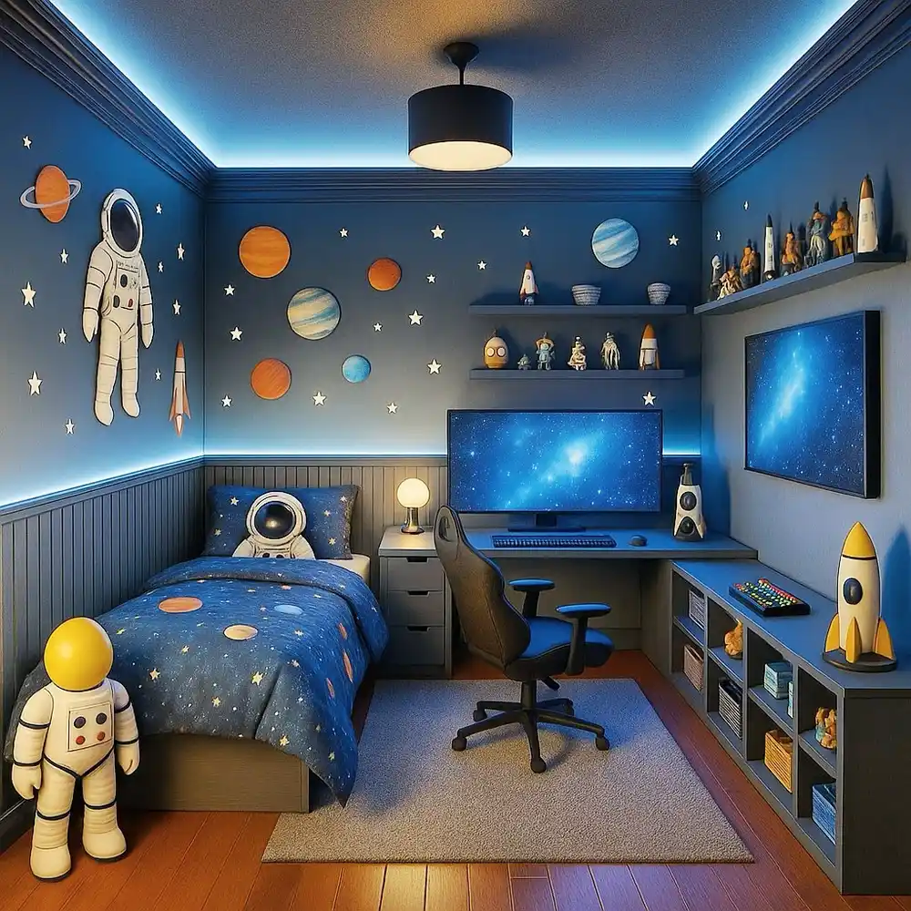 Space-themed bedroom with blue-lit desk setup, astronaut decor, planet details, and navy bedding