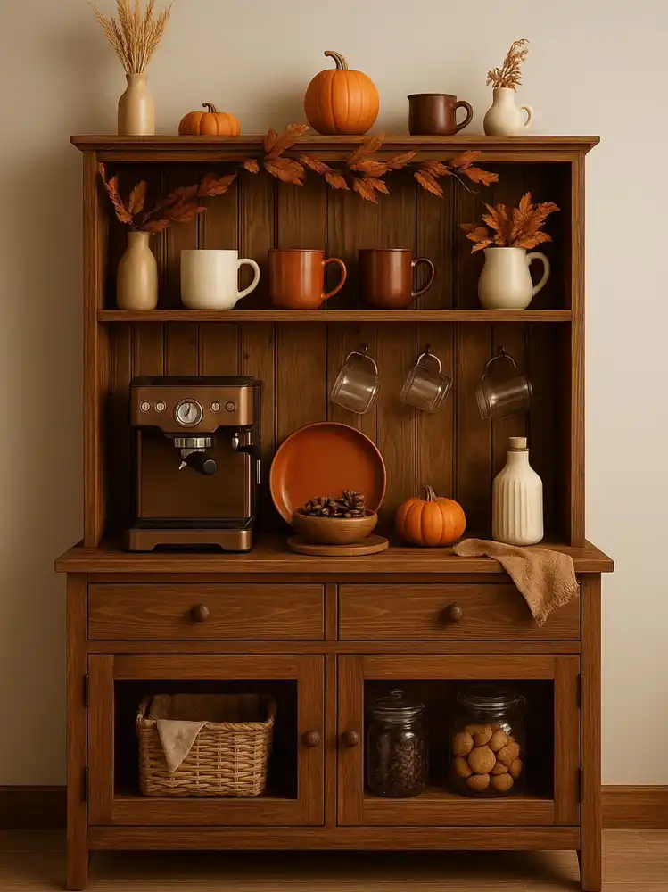 Warm wooden fall coffee station with rust mugs, cream pottery, pumpkins, dried leaves, and neutral autumn decor