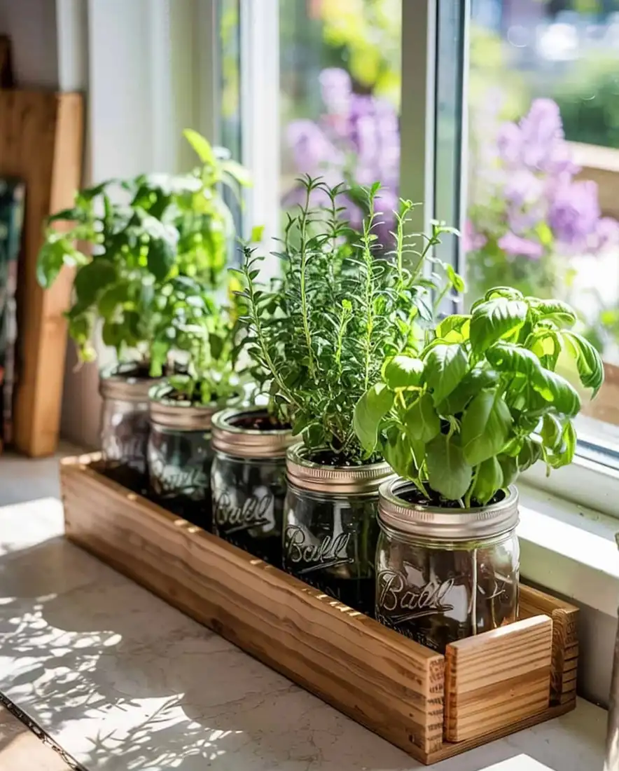 Kitchen window herb garden with herbs in glass jars arranged inside a long wooden tray