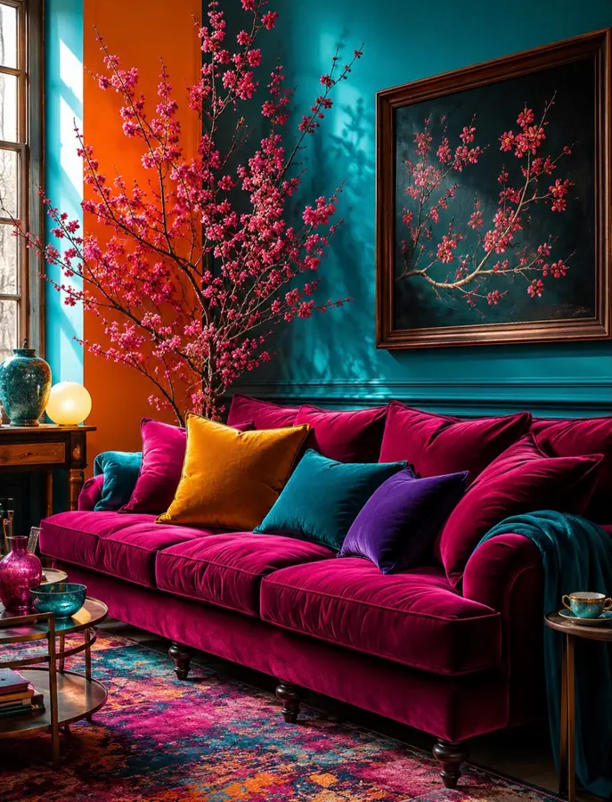 Dramatic colorful living room with teal walls, magenta velvet sofa, orange and purple cushions, pink flowers, and multicolor rug