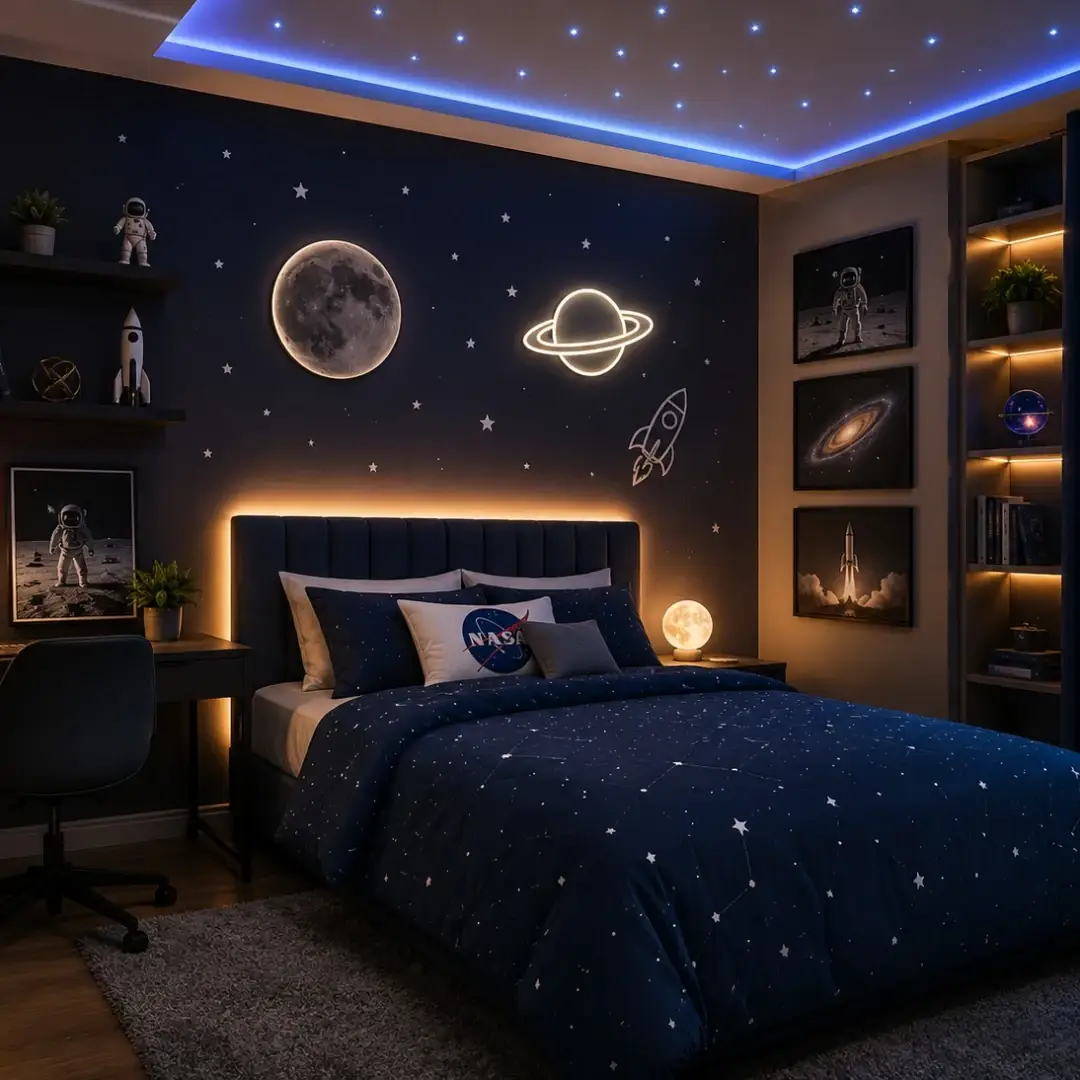 Moody galaxy bedroom with dark walls, blue lighting, planet graphics, and bedside shelving