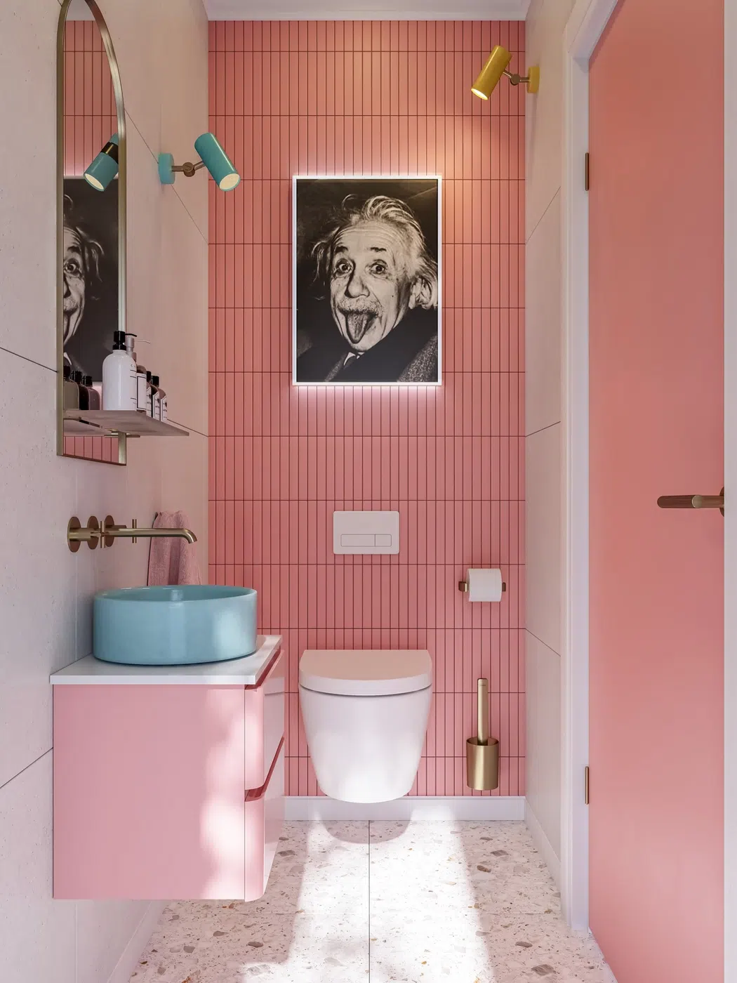 Pink bathroom vanity with blue vessel sink and oversized black and white portrait wall art