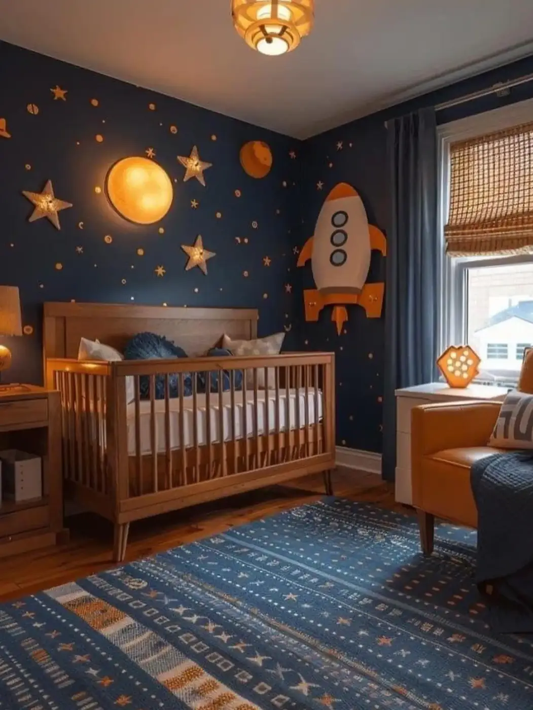 Space-themed nursery with dark blue wall, large moon, rocket decor, wooden crib, and warm wood furniture