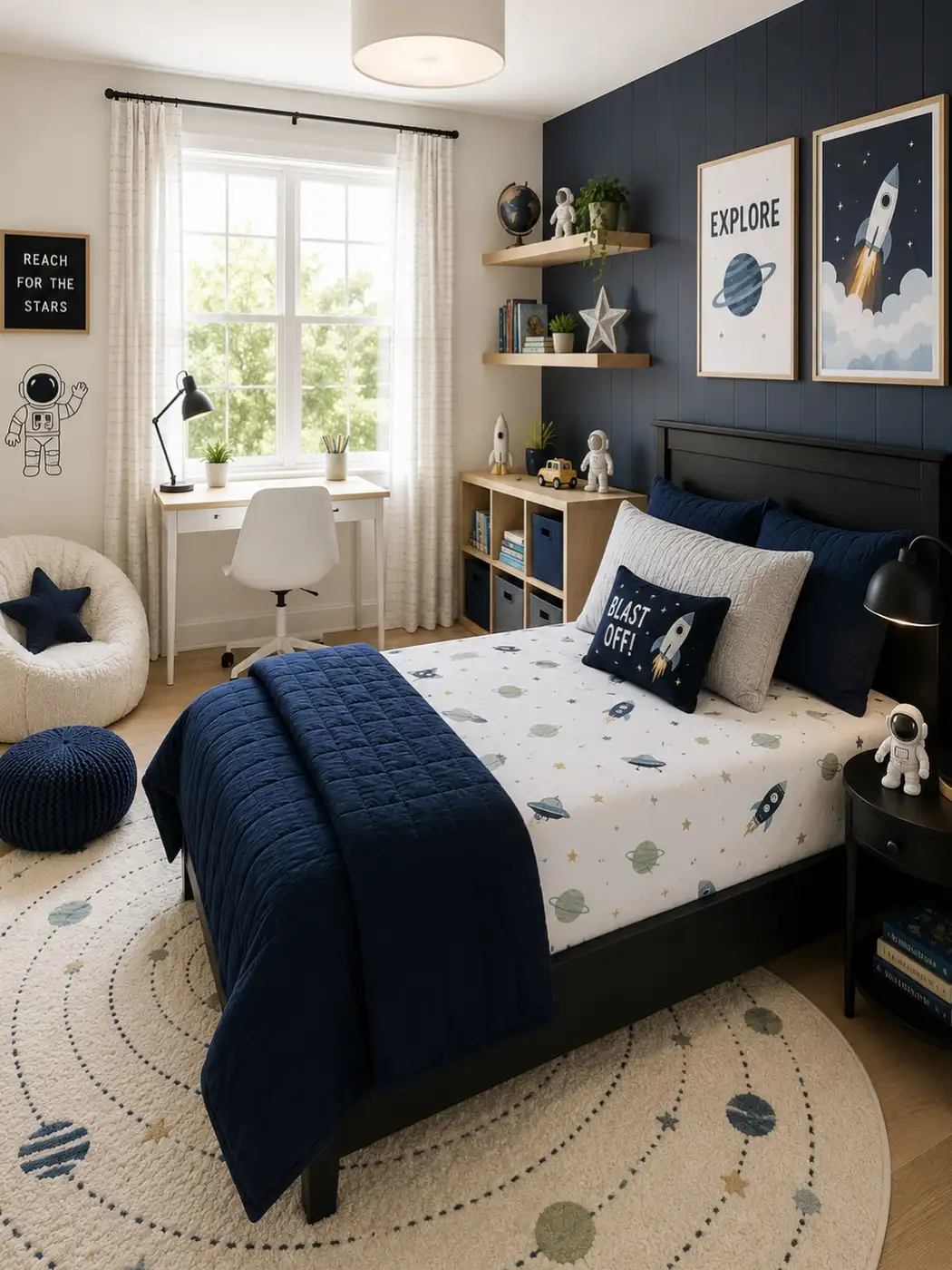 Bright kids bedroom with white walls, navy bedding, framed space prints, and subtle celestial decor