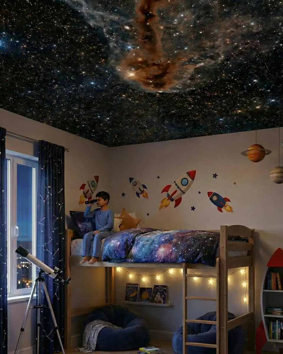 Bedroom with dark galaxy ceiling, rocket wall decor, planets, and simple light-colored furniture