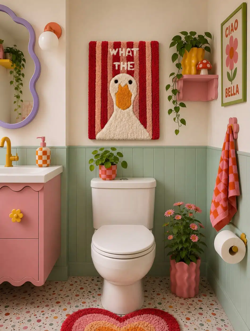 Playful bathroom with giant duck wall art, purple mirror, checkerboard details, and green paneling