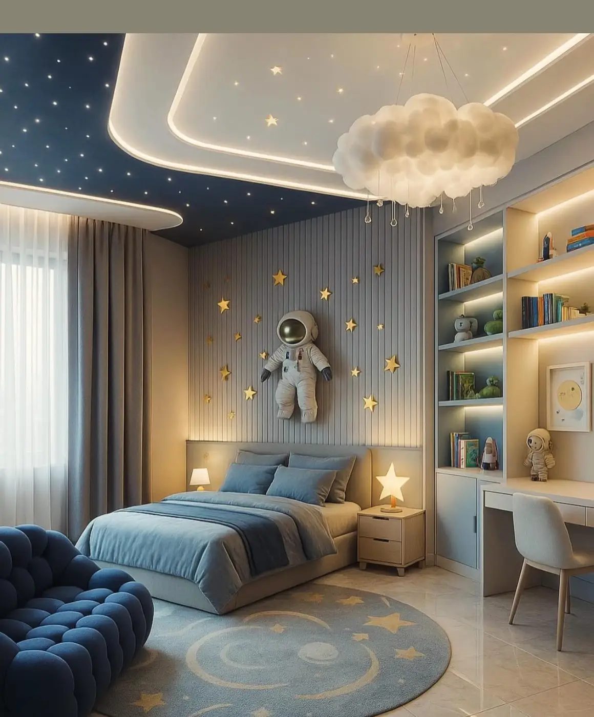 Soft blue space bedroom with starry ceiling lights, cloud pendant, astronaut wall art, and pale bedding
