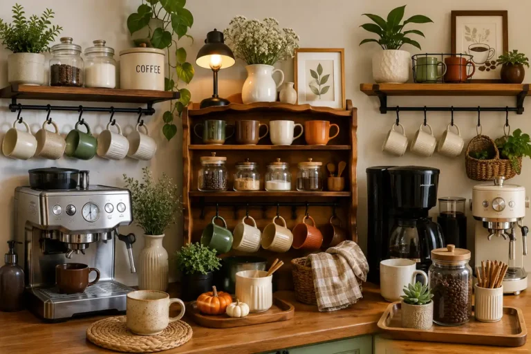 Cozy home coffee station with espresso machines, hanging mugs, wood shelves, coffee jars, greenery, and warm neutral decor