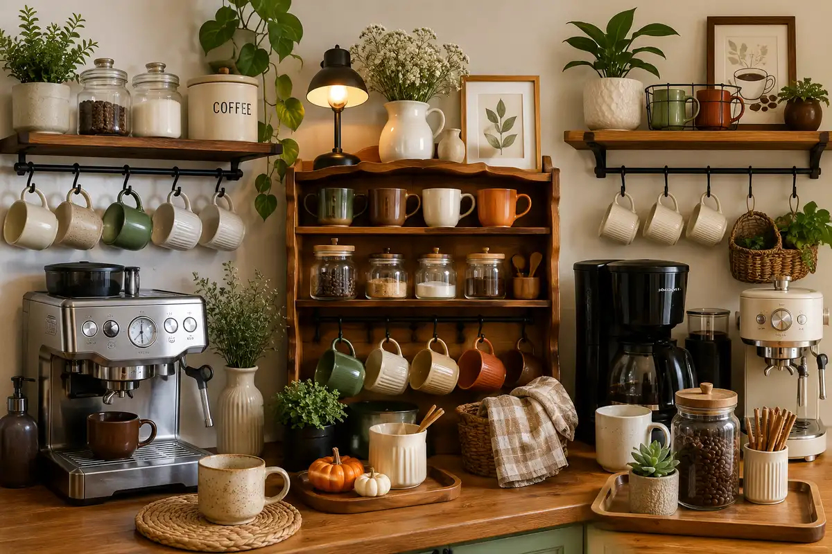 Cozy home coffee station with espresso machines, hanging mugs, wood shelves, coffee jars, greenery, and warm neutral decor