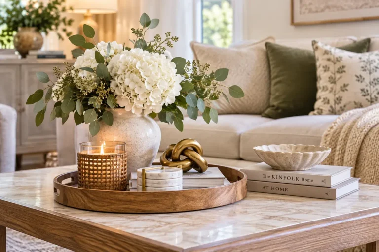 Coffee table styled with white hydrangeas, greenery, a wooden tray, candle, stacked books, marble coasters, and gold decor in a bright neutral living room.