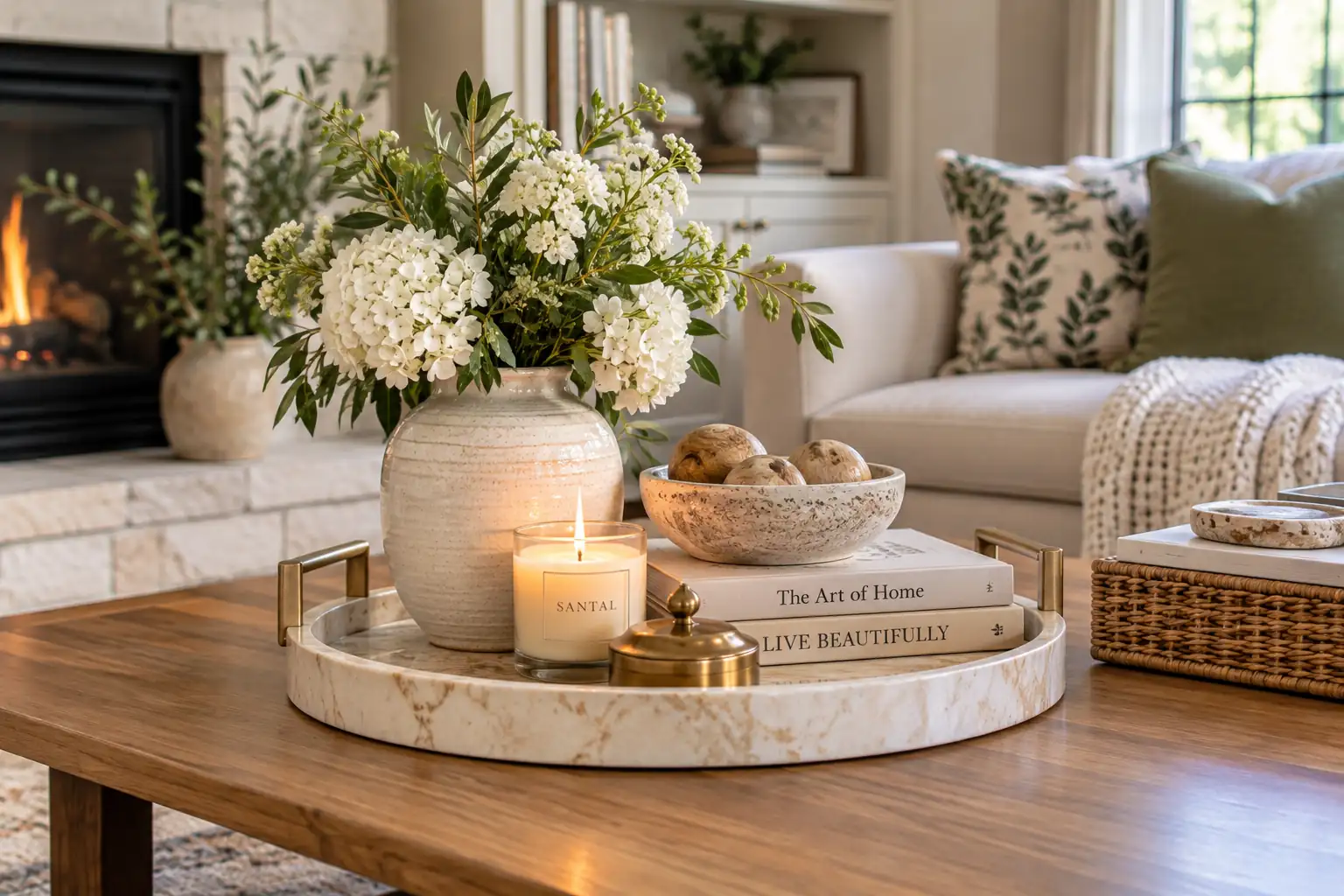 Woven coffee table tray styled with white flowers, stacked books, a glowing candle, stone bowl, and brass accents in a cozy neutral living room.
