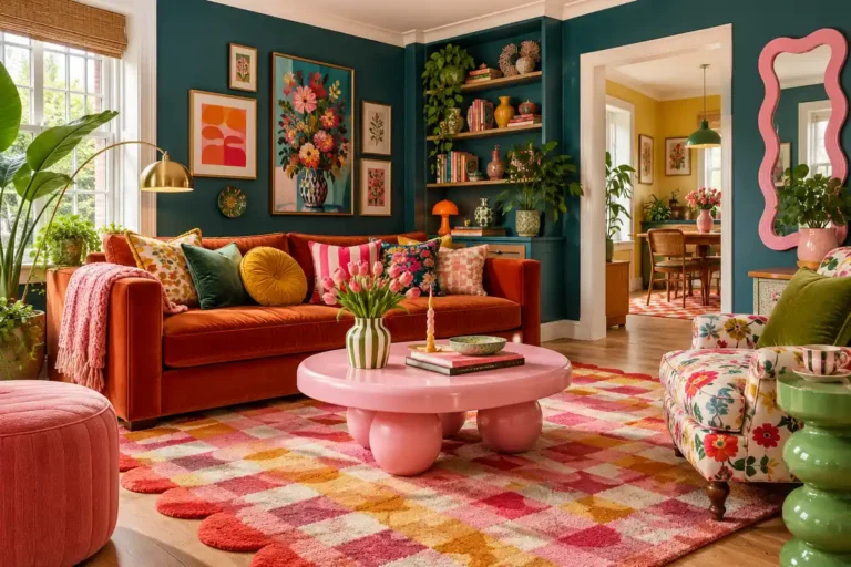 Colorful living room with deep teal walls, burnt orange sofa, pink coffee table, floral armchair, patterned rug, plants, and bright eclectic decor.