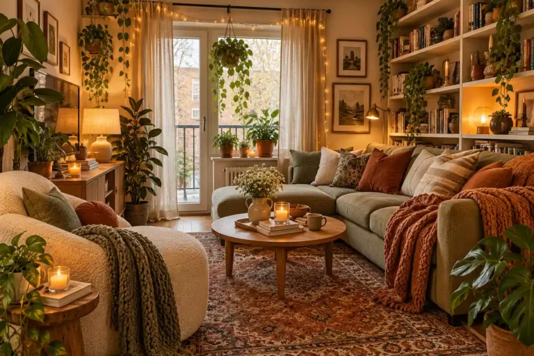 Cozy small living room with a sage sectional, cream armchair, warm string lights, houseplants, bookshelves, patterned rug, and chunky knit throws.