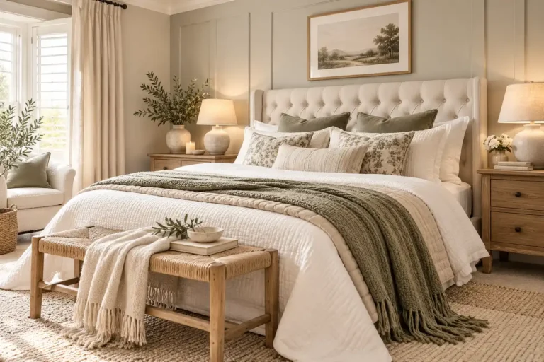 Cozy neutral bedroom with layered cream bedding, sage green accents, warm wood nightstands, and soft natural light.