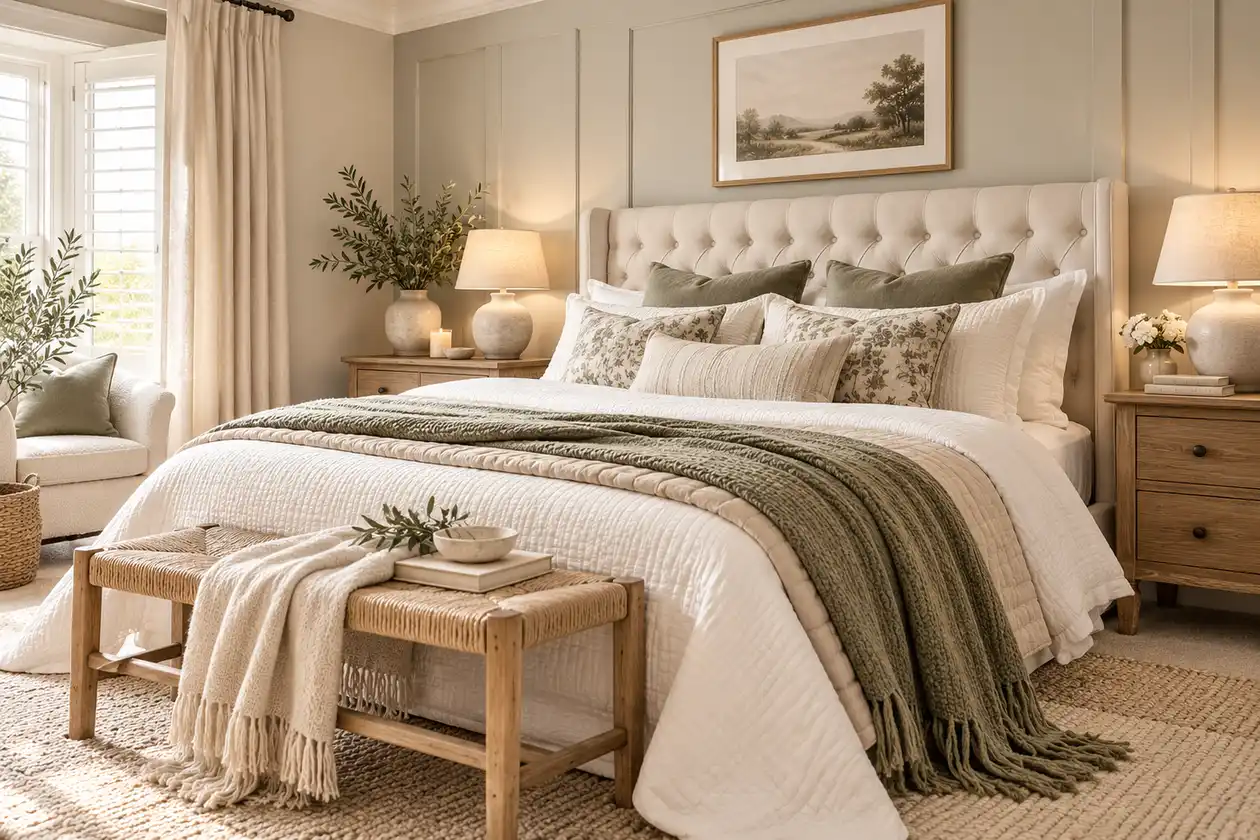 Cozy neutral bedroom with layered cream bedding, sage green accents, warm wood nightstands, and soft natural light.