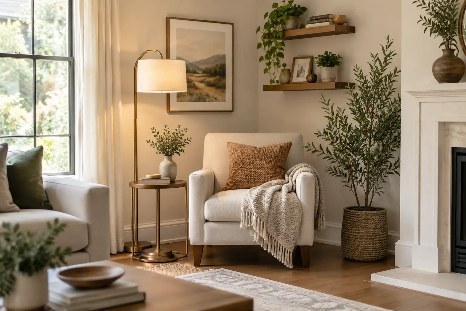 Cozy empty living room corner with cream armchair, floor lamp, floating wood shelves, leafy plants, side table, and neutral decor