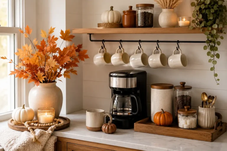 Cozy fall coffee station with cream mugs, coffee maker, pumpkins, autumn leaves, candles, wooden accents, and coffee canisters.