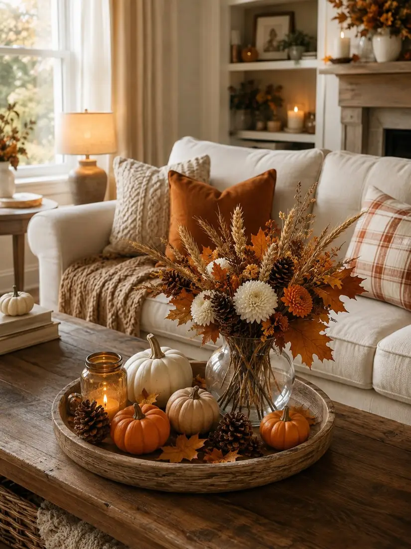 Fall coffee table centerpiece with orange leaves, cream flowers, wheat stems, pumpkins, pinecones, and a candle on a wooden tray