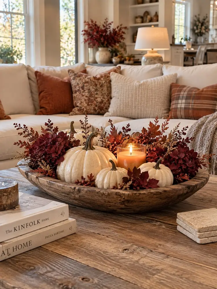 White pumpkins with burgundy flowers, rust leaves, berries, and a candle arranged in a shallow wooden bowl on a coffee table