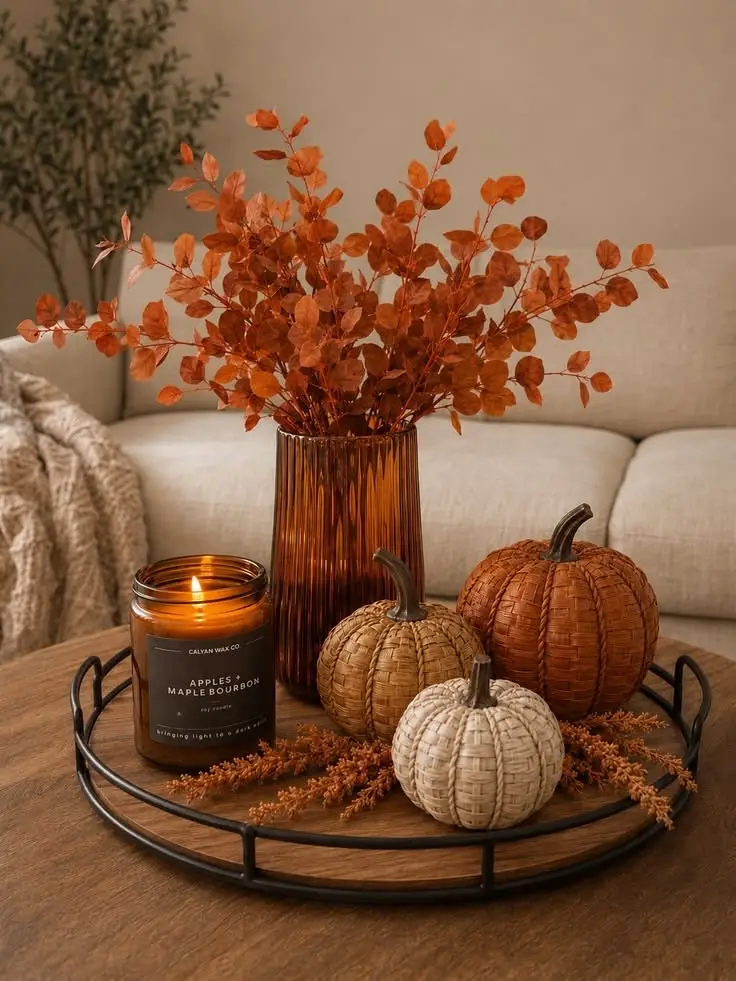 Fall coffee table tray with woven pumpkins in cream, tan, and rust beside an amber glass vase with orange branches