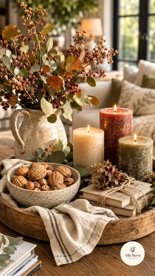 Rustic fall coffee table tray with a bowl of walnuts, speckled pitcher, leafy branches, pillar candles, and stacked books