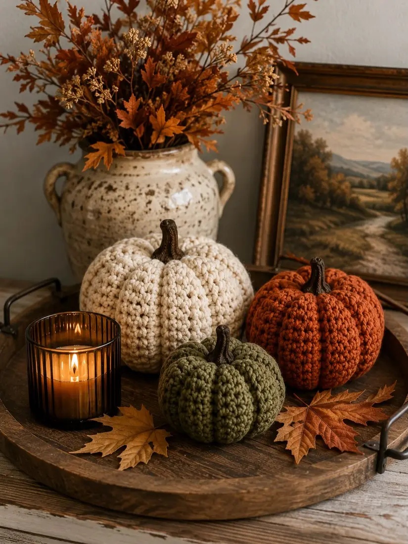 Cozy fall coffee table tray with crochet pumpkins in cream, olive green, and burnt orange beside an amber candle