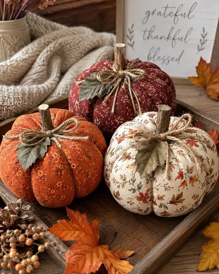 Fabric pumpkins with floral prints in cream, orange, and deep red arranged with twig stems, twine bows, and autumn leaves