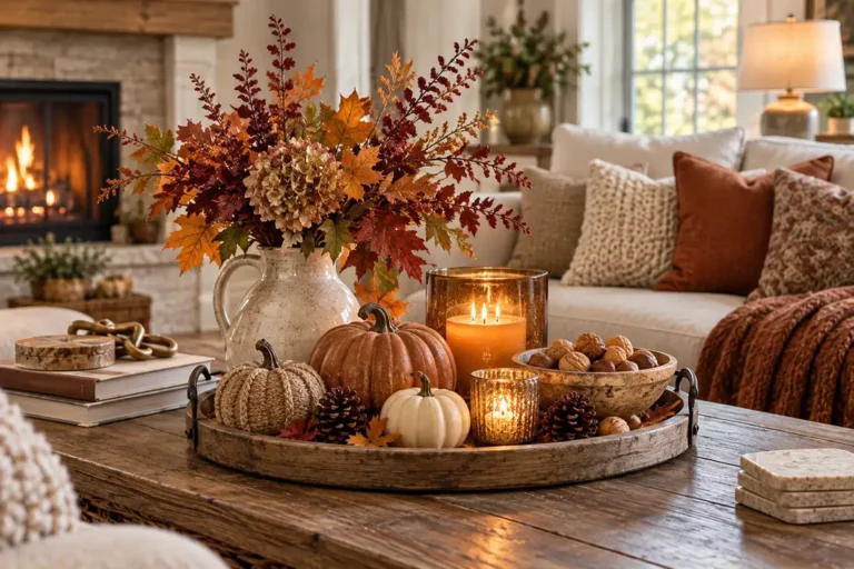 Cozy fall coffee table decor with pumpkins, amber candles, autumn foliage, pinecones, walnuts, and a rustic wooden tray in a warm living room.