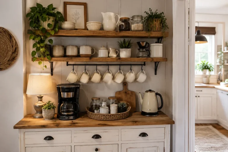 Cozy farmhouse coffee bar with warm wood shelves, hanging cream mugs, white distressed cabinet, coffee maker, kettle, woven tray, plants, and a small table lamp.