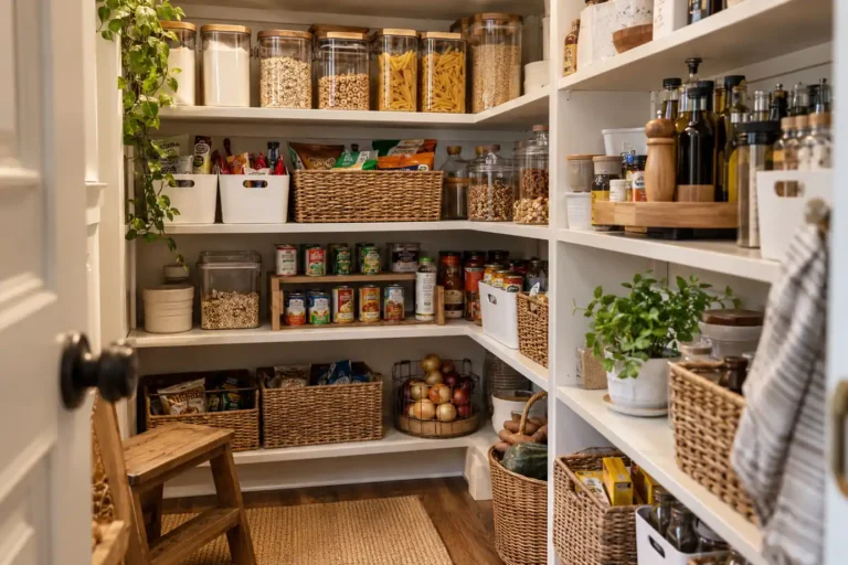 Organized small pantry with deep white shelves, clear food canisters, woven baskets, snack bins, bottles, canned goods, and fresh produce.
