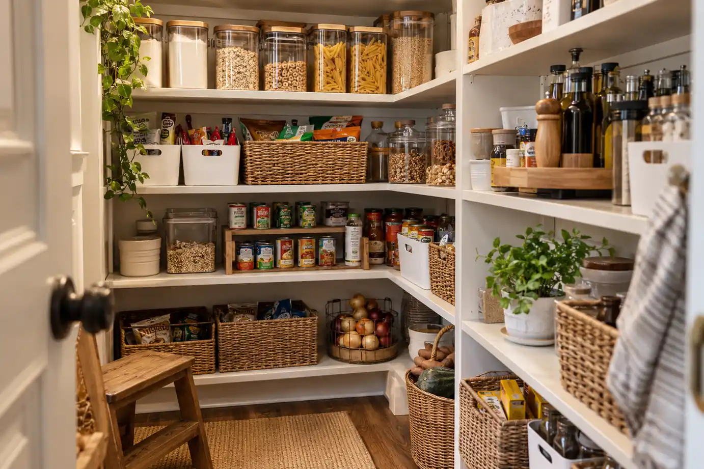 Organized small pantry with deep white shelves, clear food canisters, woven baskets, snack bins, bottles, canned goods, and fresh produce.