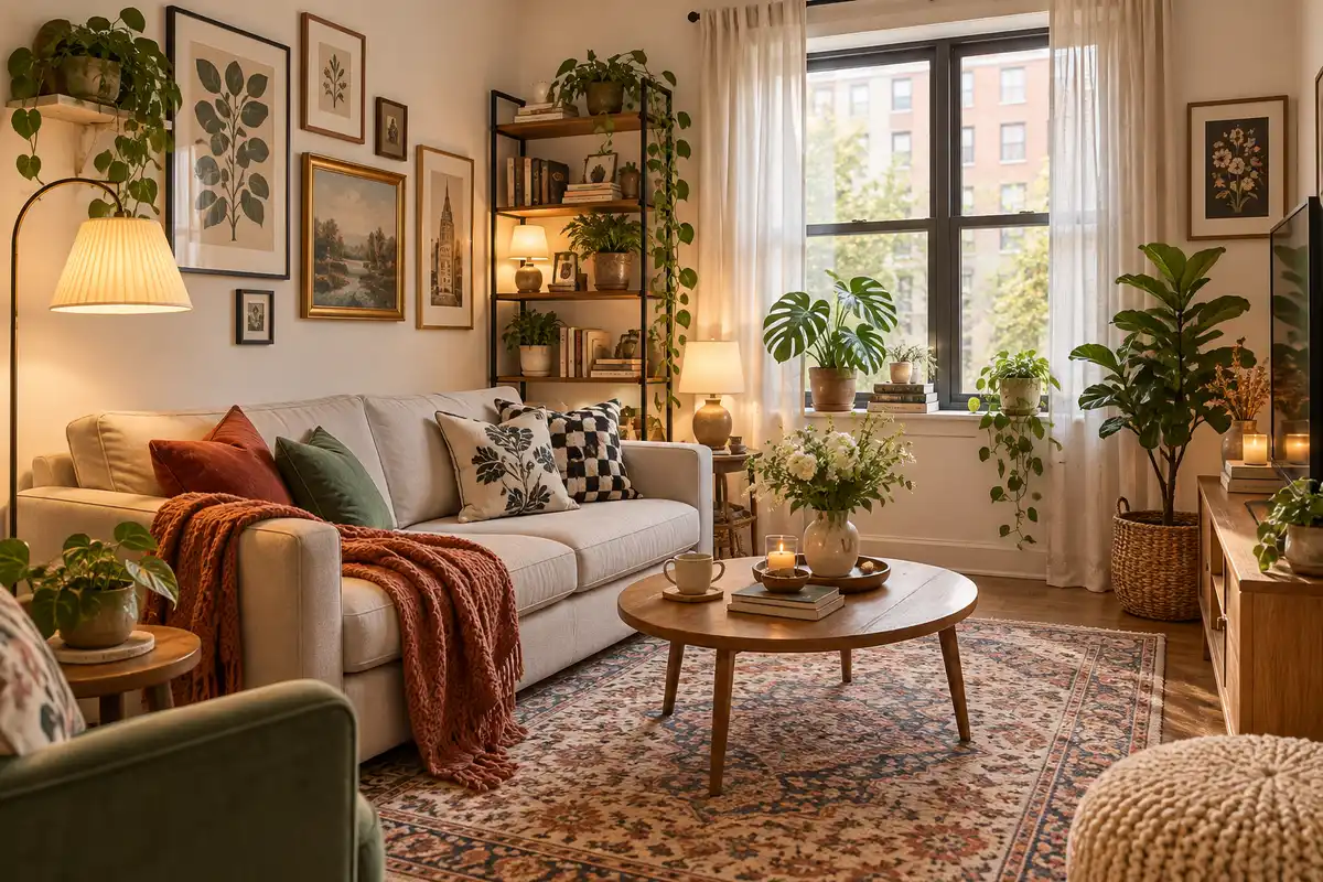 Cozy first apartment living room with a cream sofa, rust and green cushions, patterned rug, wood coffee table, gallery wall, warm lamps, and leafy houseplants.