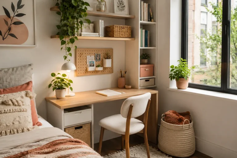 Cozy small-space homework station with a compact wood desk, wall shelves, pegboard storage, plants, and a chair beside a bright window