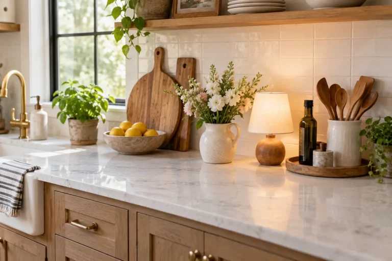Warm kitchen counter styled with flowers, wooden cutting boards, a small lamp, olive oil, utensils, greenery and a bowl of lemons.