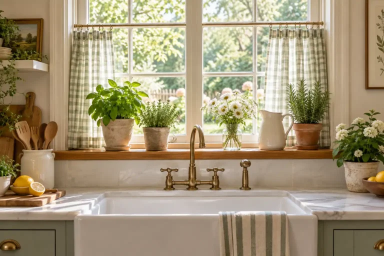 Sunlit kitchen window sill decorated with potted herbs, white flowers, a ceramic pitcher, and soft gingham curtains above a farmhouse sink.